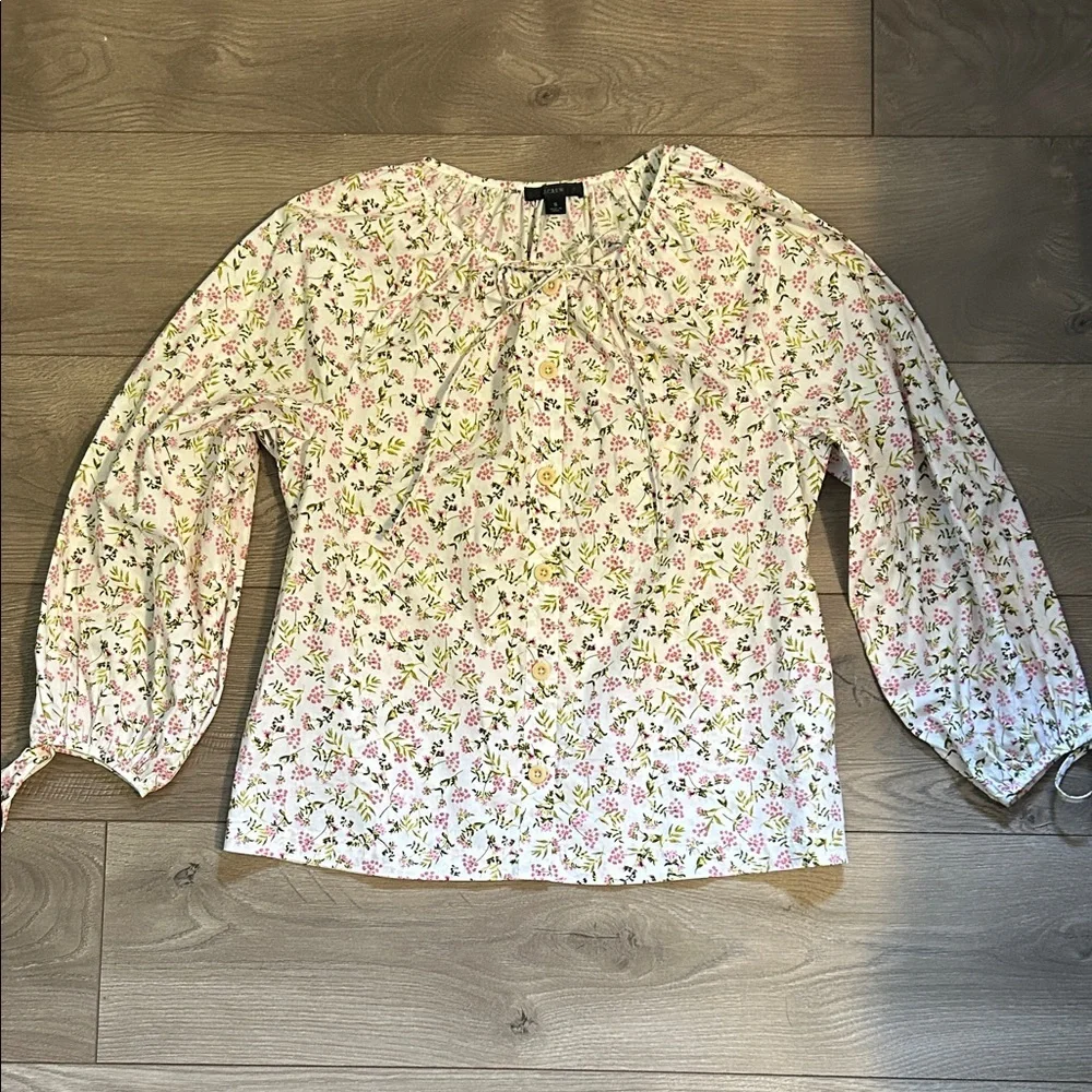 J. Crew White Floral Tie-Neck Blouse with Pink & Green Print
